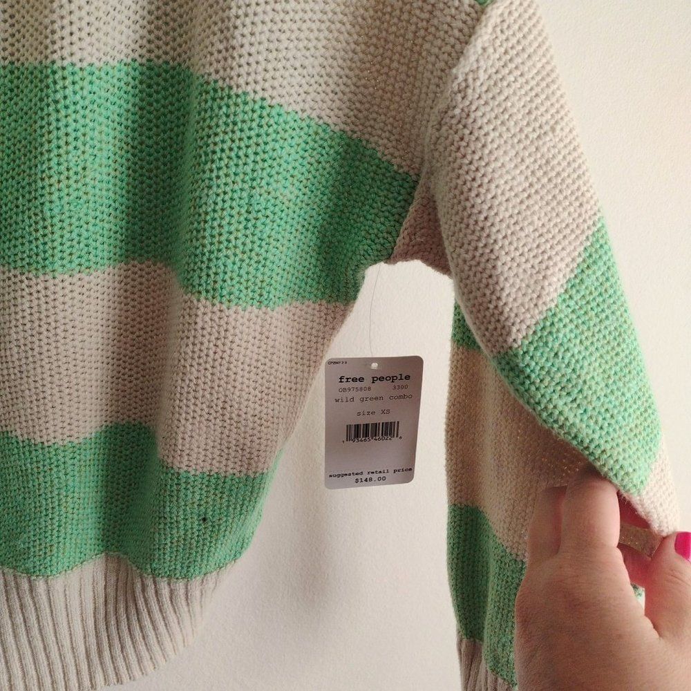 Free People Striped Linen Blend Sweater XS NEW Oversized Green Ivory Pullover - Picture 7 of 11